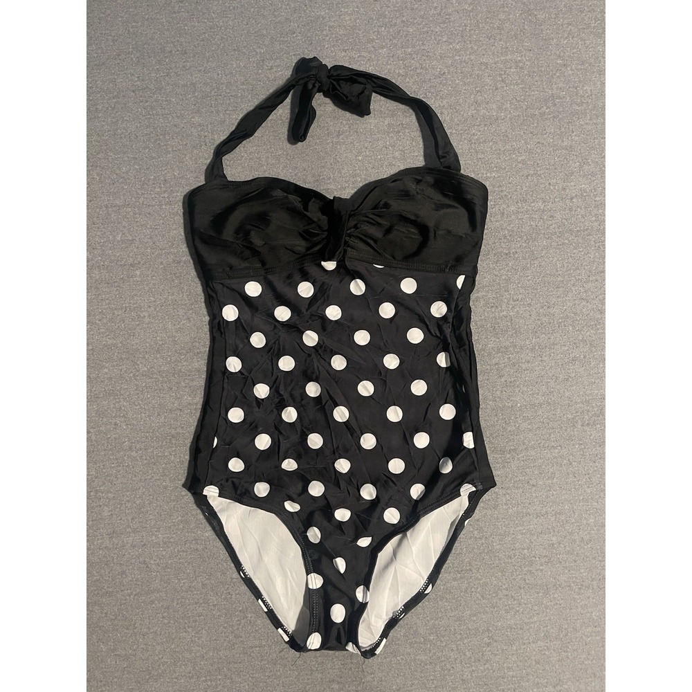 Black‎ White Polka Dot Halter One Piece Swimsuit Women Small Retro Pin Up Style